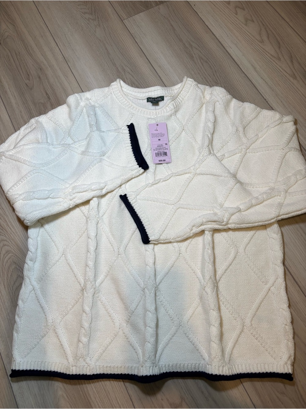 wild fable Cream Cable Knit Crewneck Sweater with Navy Trim Accents